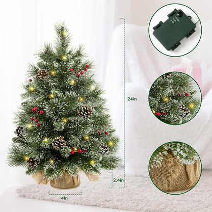 Mini Christmas Trees with Flocked Pine Needles, Pine Cones, Berries Decoration, 2 Ft Decorated Burlap Trees with 25 Led Lights, Kitchen Tabletop Artificial Pre Lit Christmas Tree 24"