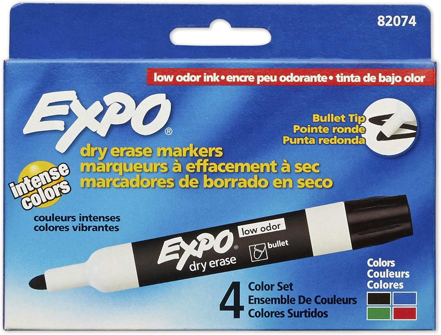 Low Odor Dry Erase Markers, Bullet Tip, Assorted Colors, 4 Count