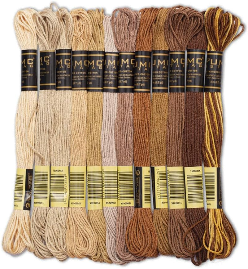 12 Pieces | Premium Embroidery Thread | 100% Egyptian Cotton Premium Skeins | Cross Stitch Embroidery Floss | Oeko TEX Certified Stranded Cotton (Brown Tones)