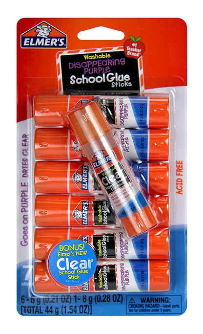 Disappearing Purple (6G) and Clear Re-Stick School Glue Sticks (8G), Washable, 6 Grams, 7 Count