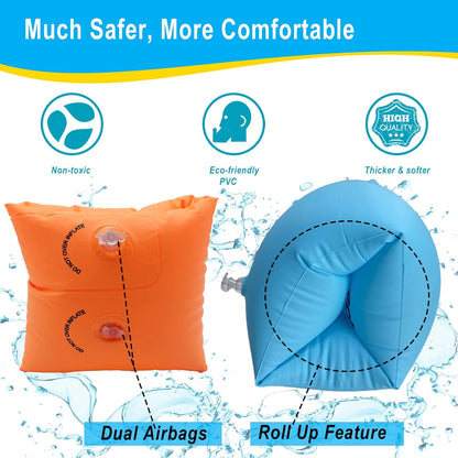 2 Pack Inflatable Arm Floaties for Toddlers, Blow up Water Wings for Kids, Swimming Arm Bands Floatation for Children and Adults 30-150Lbs(Blue and Orange)
