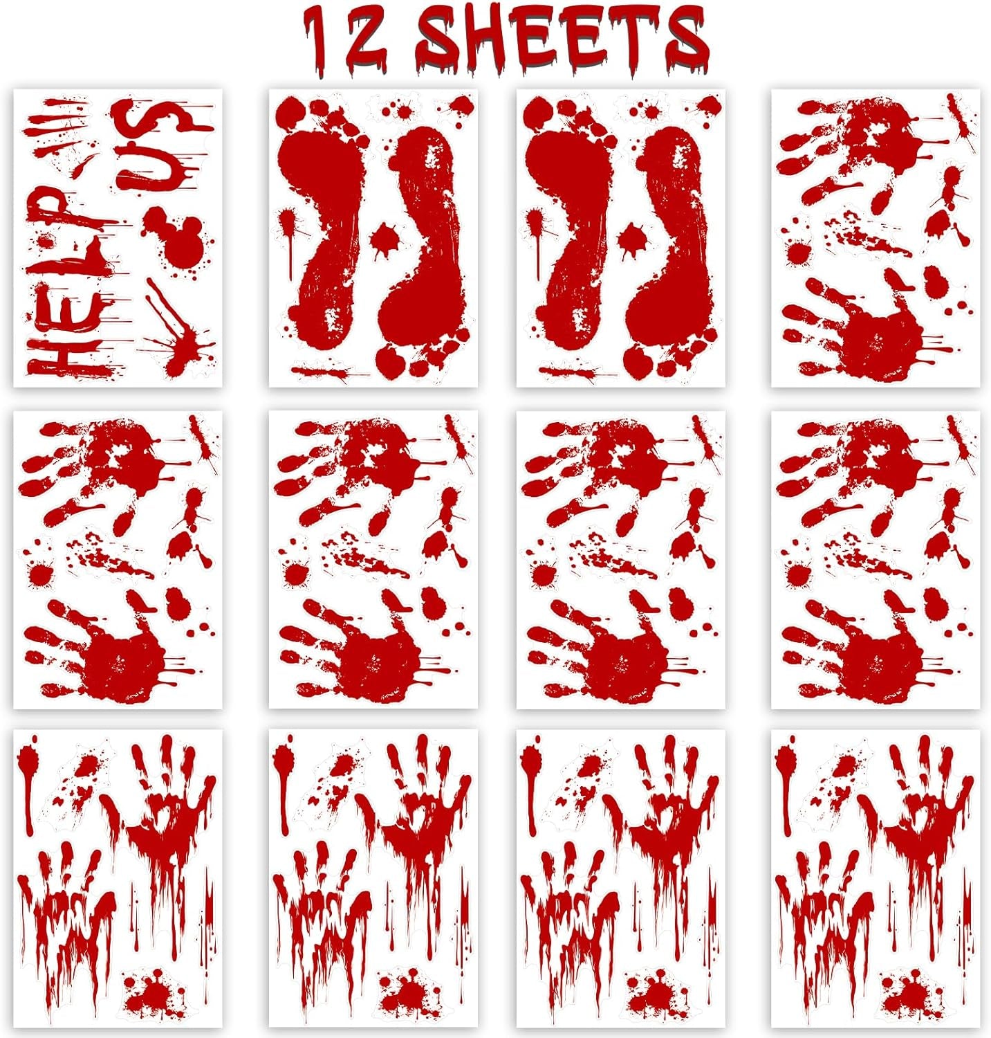 Halloween Window-Clings-Decorations Bloody-Handprint-Footprint Stickers, Scary Halloween Party Indoor/Outdoor Decoration, for Windows, Car - 12 Sheets