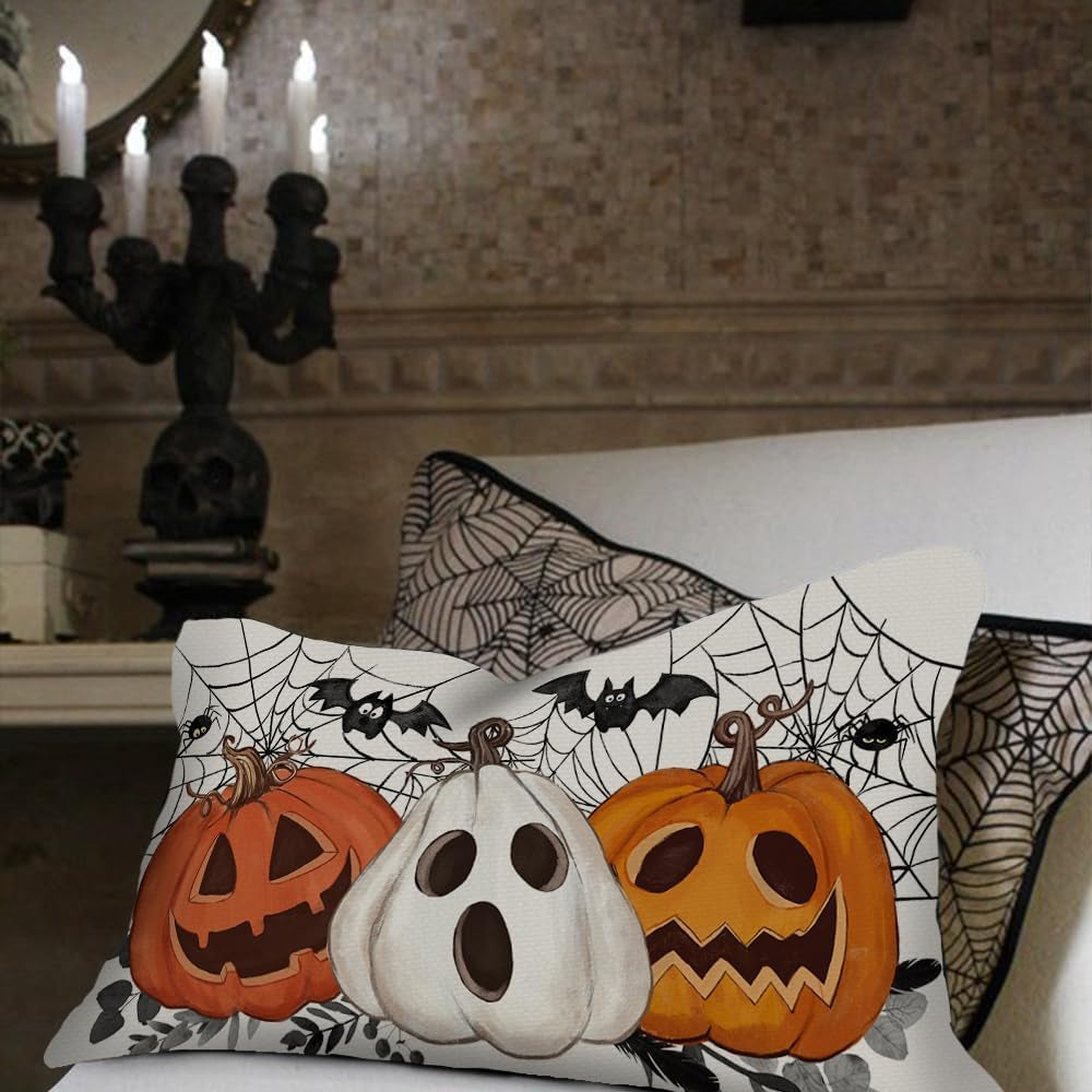 Halloween Pillow Cover 12X20 Inch Pumpkin Jack-O'-Lanterns Bat Web Decoration Holiday Farmhouse Pillow Case Decor for Home Sofa Couch AA306-12