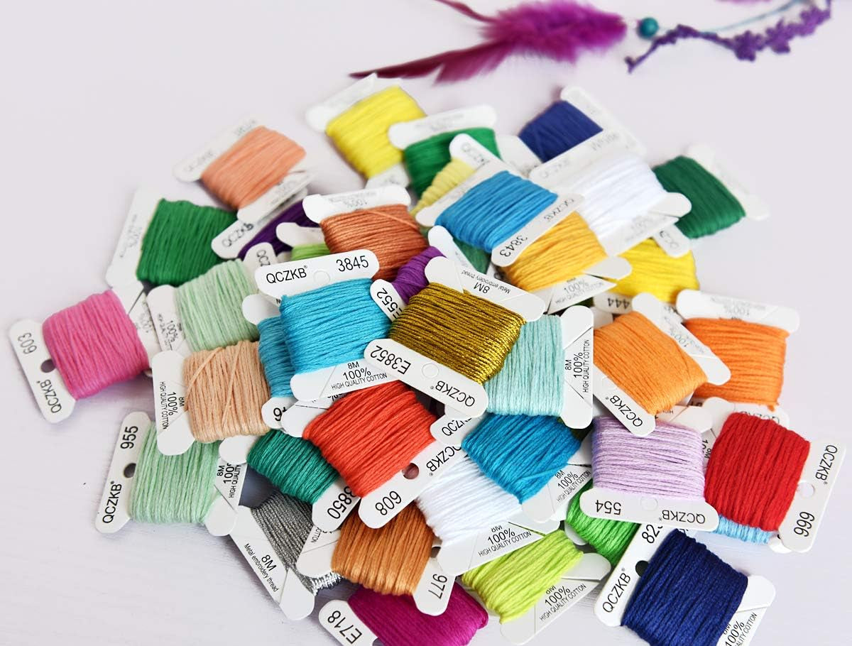 Rainbow Embroidery Floss String - Cross Stitch Thread- Friendship Bracelets Floss Bobbins- Crafts Floss-50 Pcs 8M Mercerized Embroidery Floss Bobbins Included of 2 Pcs Metallic Embroidery Thread