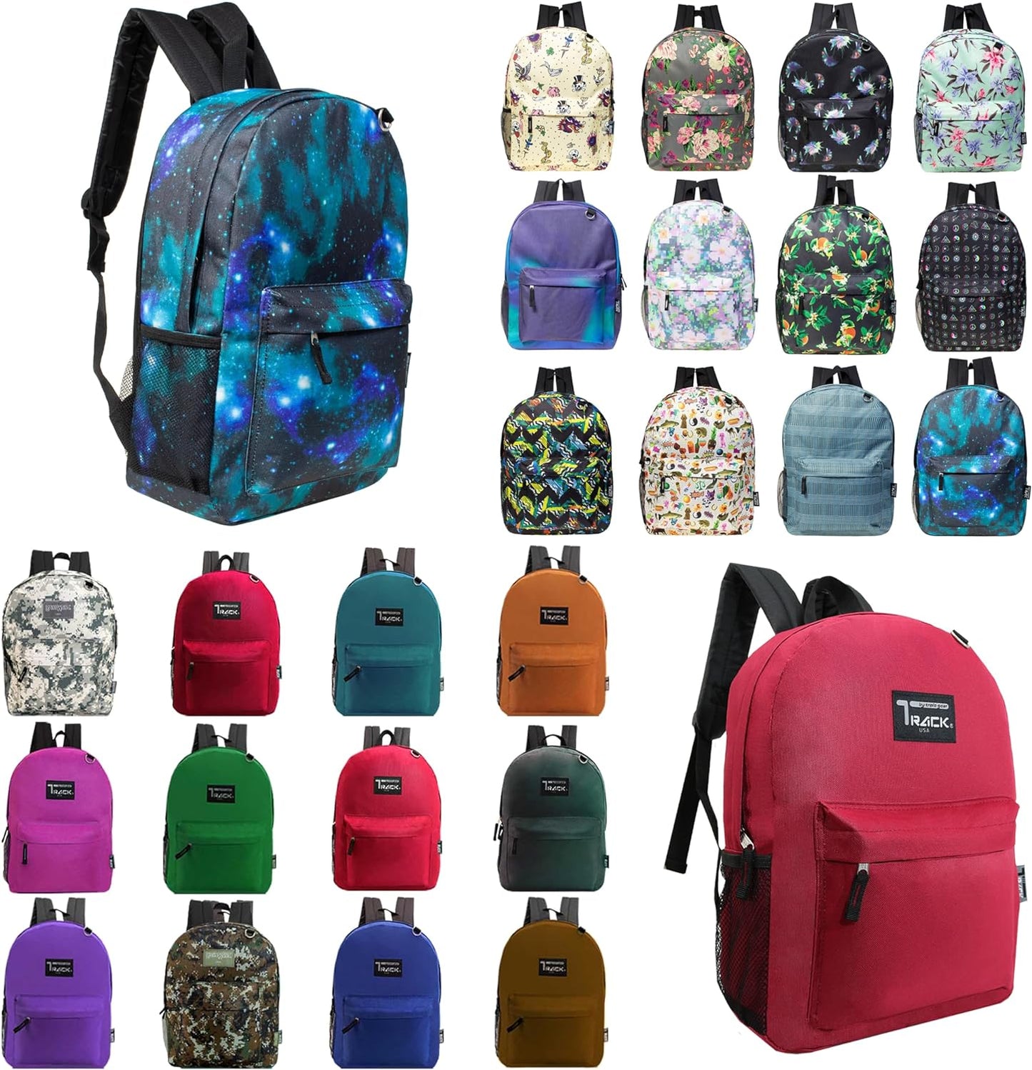 24 Pack 17 Inch Wholesale Bulk Backpack for Work School in Assorted Color Perfect for Donations and Giveaways