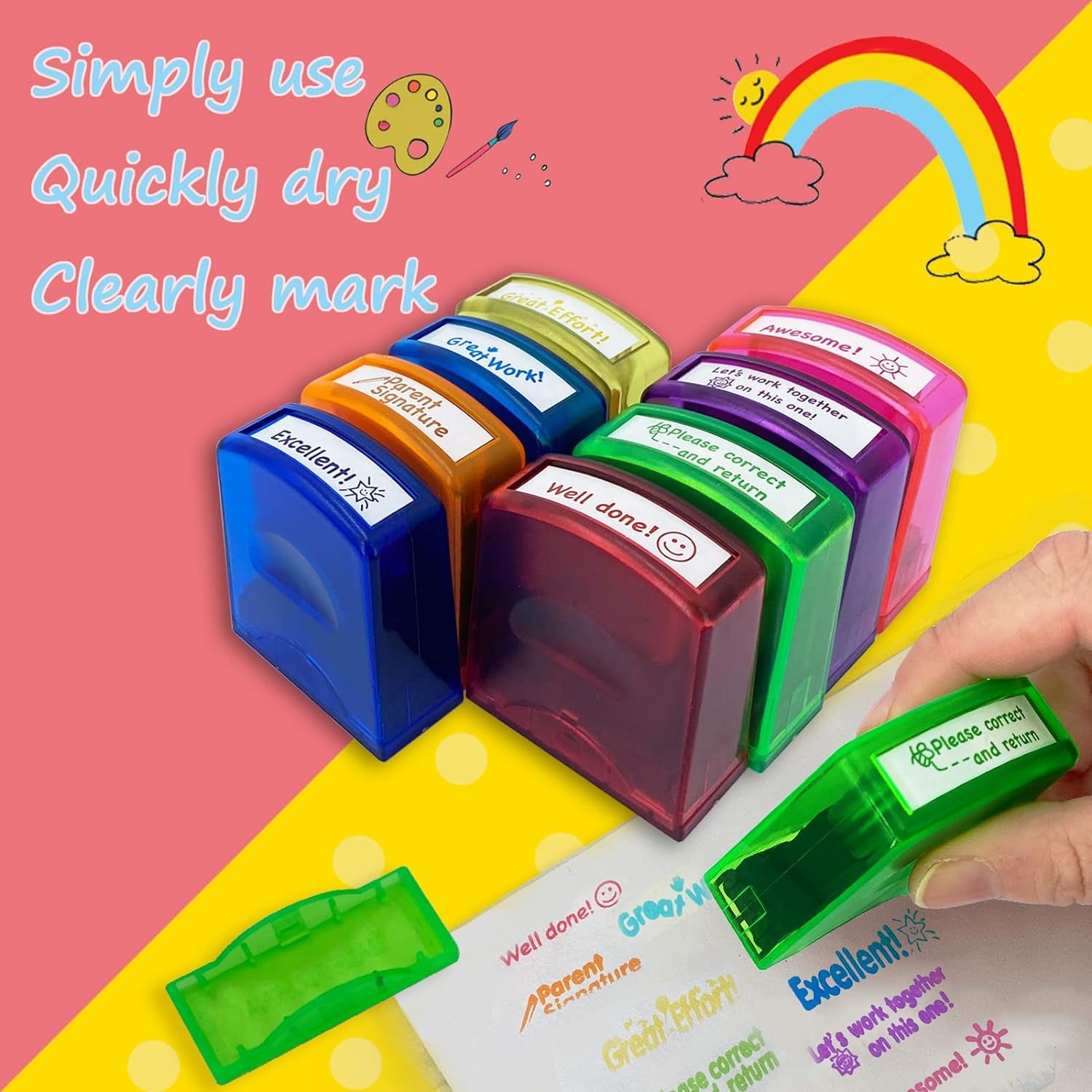 Teacher Stamps for Grading Classroom，Parent Signature Self-Inking Teacher Stamp Set School Supplies for Homework Reward for Elementary, 8 Pcs(Rainbow)