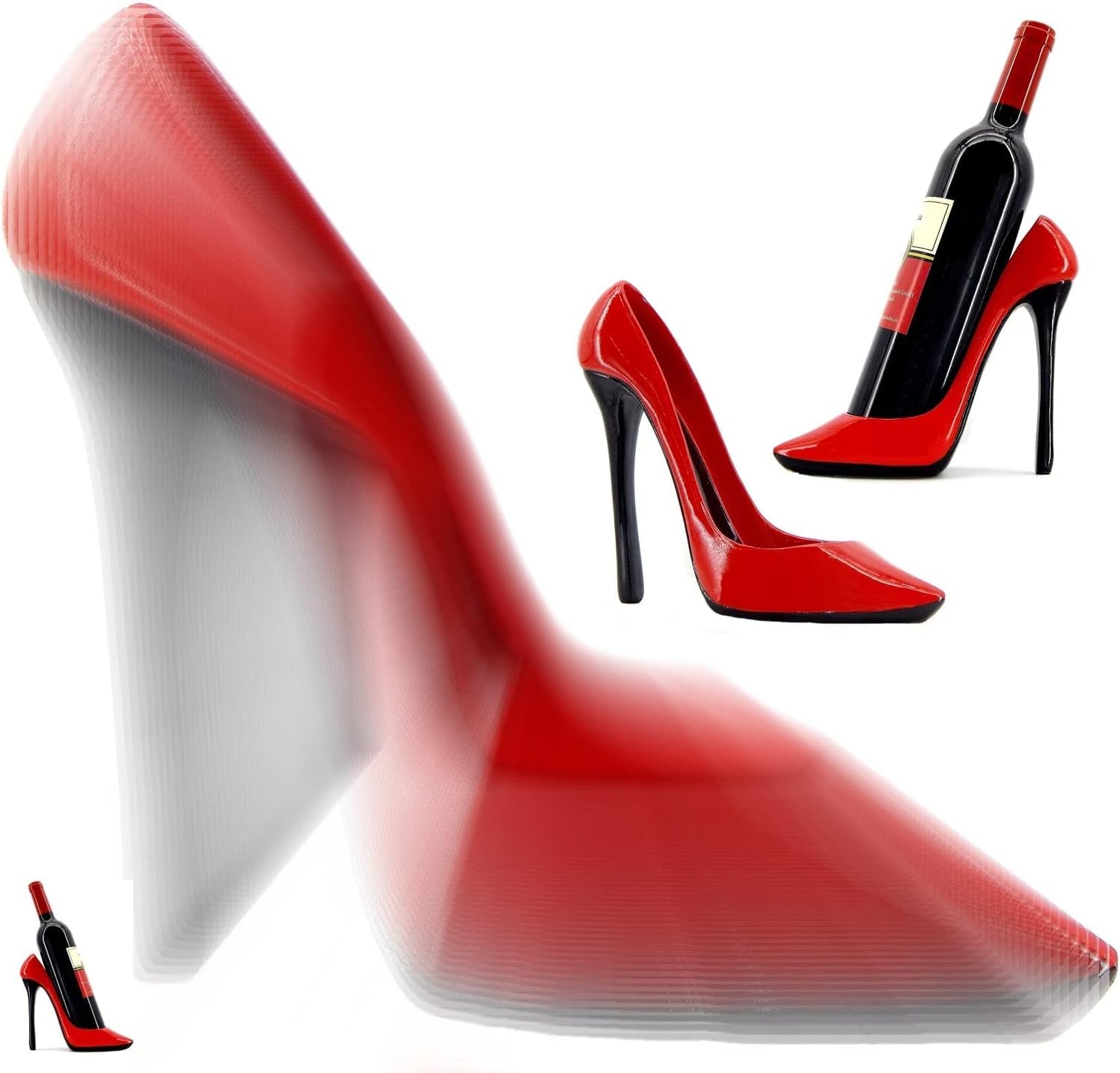 21381 Wine Bottle Holder Shoe Red Black High Heel Shaped Stiletto 8 Inch Tall