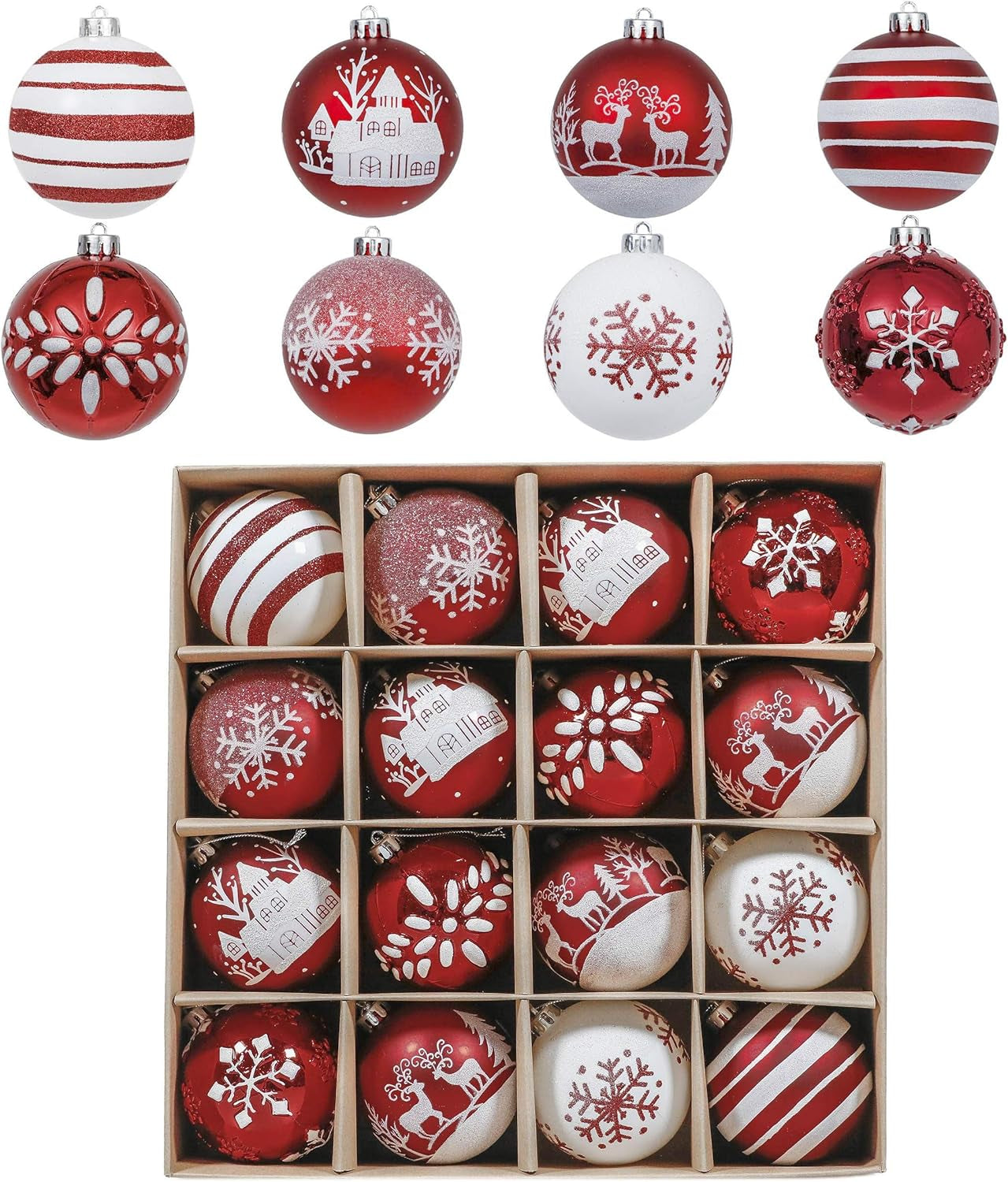 Christmas Tree Decorations Set, 16Ct Red and White Shatterproof Christmas Ball Ornaments Bulk, 3.15 Inch Traditional Hanging Ornaments for Christmas Trees Xmas Holiday Party Decor