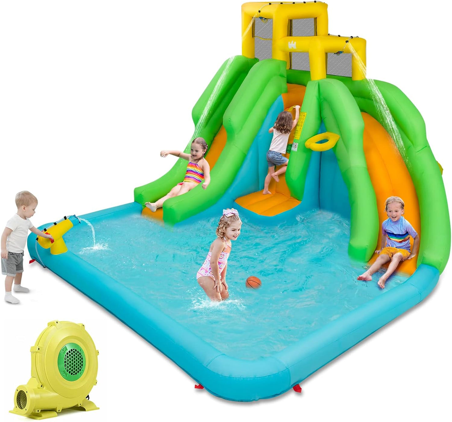 Inflatable Water Slide, 6 in 1 Kids Bouncer Water Park W/Climbing Wall & 2 Long Slides, Splash Pool, Water Cannons, Indoor Outdoor Blow up Water Slides for Backyard(With 480W Blower)