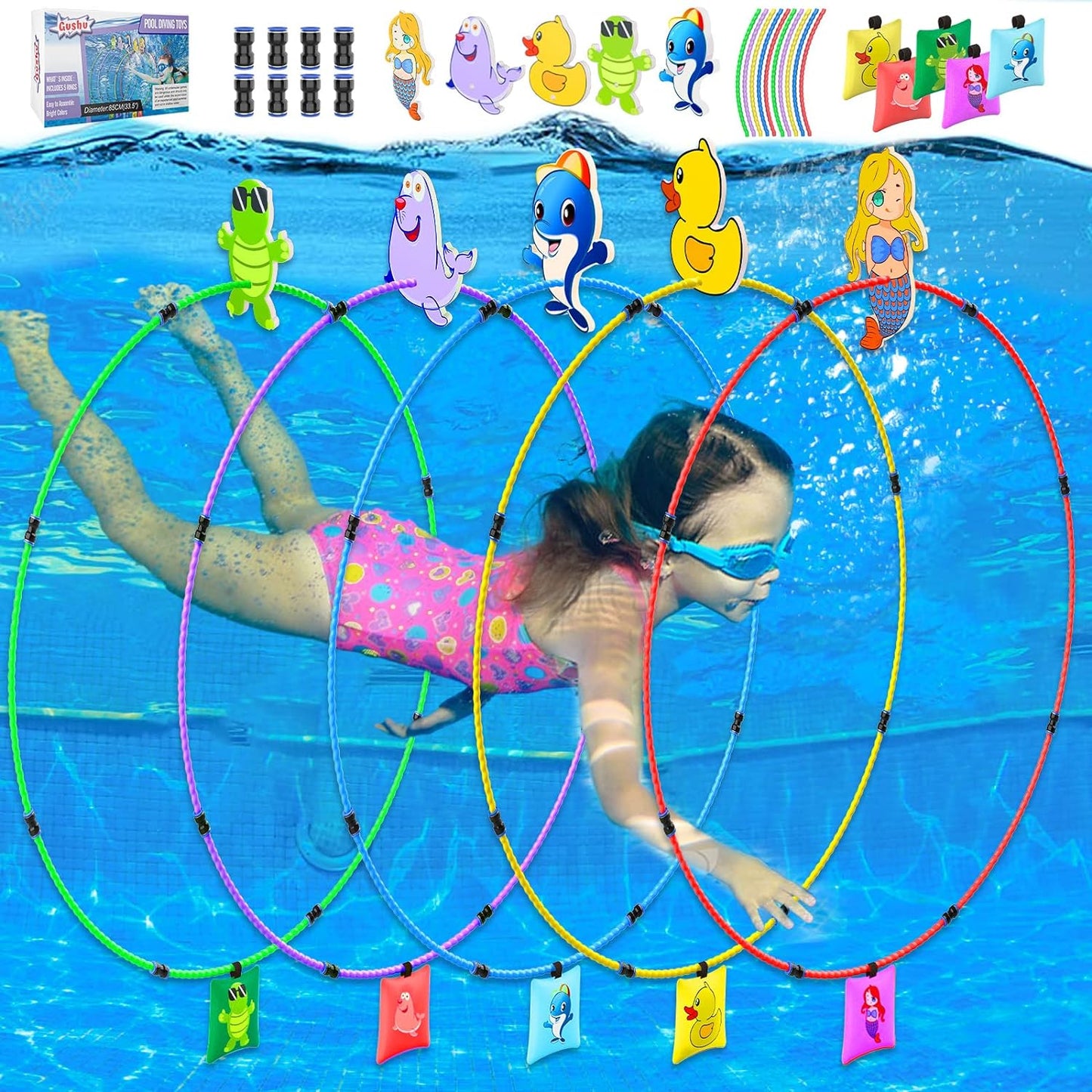 Diving Toys 15 PCS Pool Toys for Kids Age 4-8 8-12 Water Swim Thru Rings with Buoys and Sandbags Underwater Training Program Swimming Pool Games Water Sports Gifts