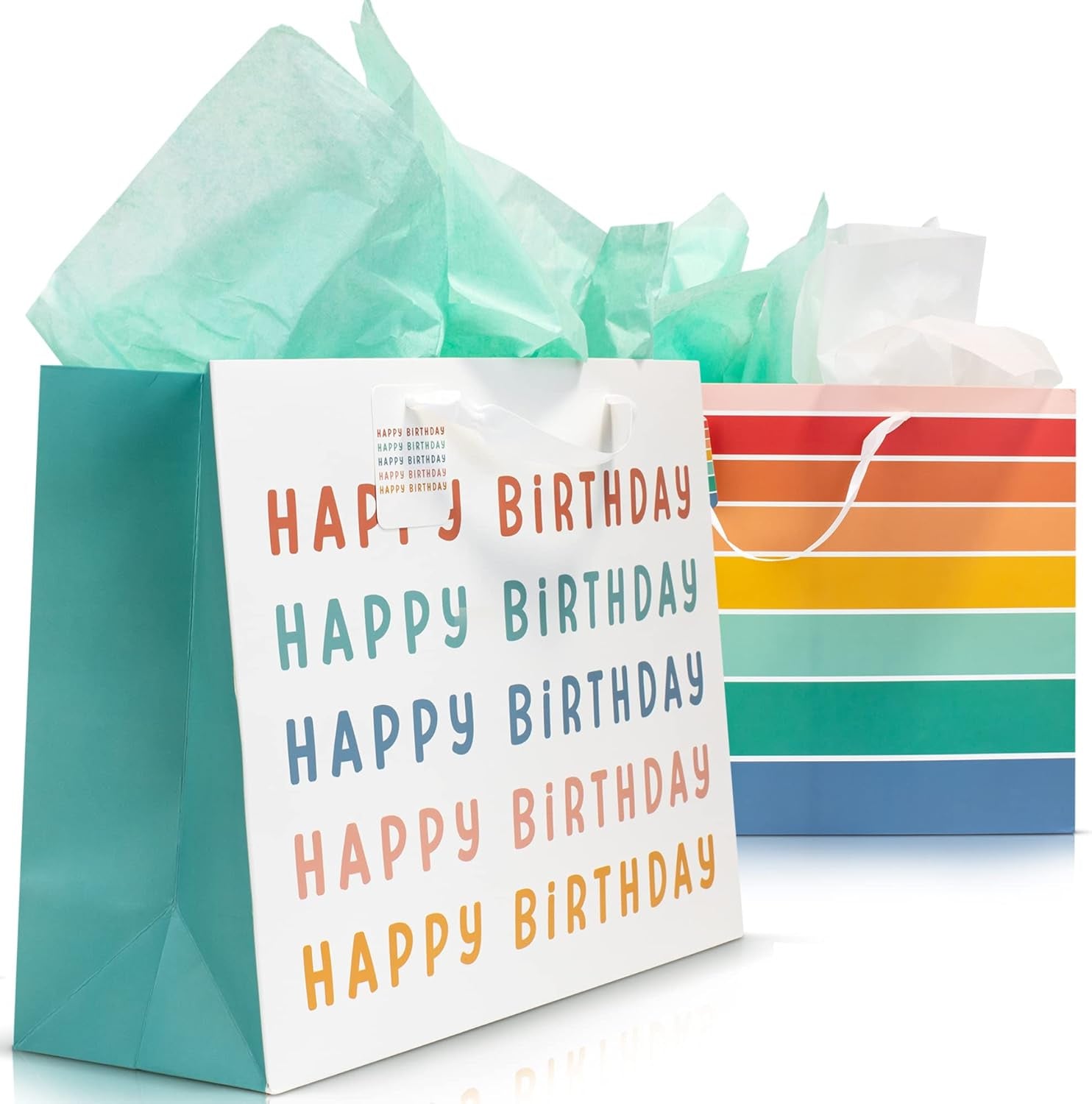 Beautiful Birthday Gift Bags Set of 2 - Large 16" Bags with Handles Incl. Matching Tissue Paper, Cards & Stickers - Reusable and Perfect for Presents…