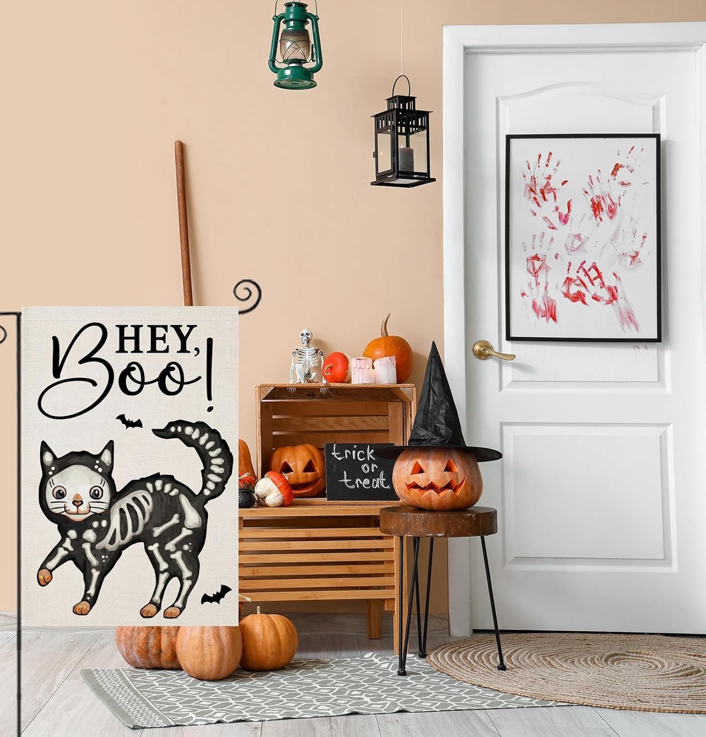 Halloween Garden Flags for outside Decoration, Spooky Boo HEY Skeleton Cat Small Yard Flag for Outdoor Seasonal Decor 12X18 Inch Vertical Double Sided