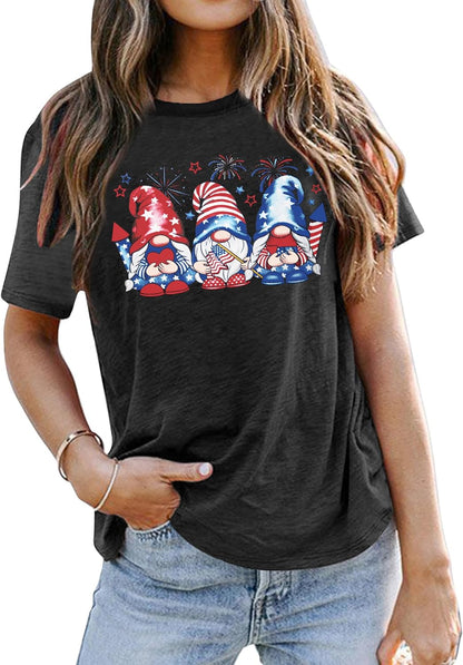 4Th of July Gnomes Shirt for Womens Funny Patriotic Graphic Tee Shirt USA Flag Stars Stripes Tee Tops