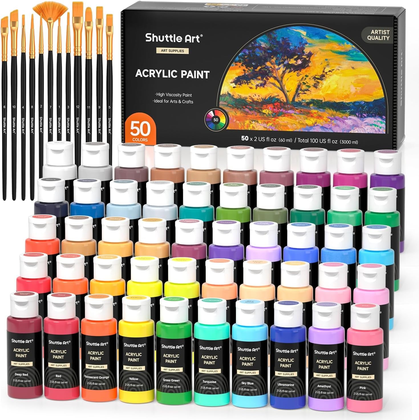 72 Pack Acrylic Paint Set,  60 Colors Acrylic Paint Including Extra White Black & 12 Brushes, 2Oz/60Ml, Rich Pigmented, Water Proof, Ideal for Artists, Beginners on Canvas Rock Wood Ceramic