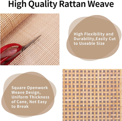 24" Width Natural Square Cane Webbing 5Feet, Rattan Webbing Roll for Caning Projects, Woven Open Mesh Cane for Furniture, Chair, Cabinet, Ceiling, Bed