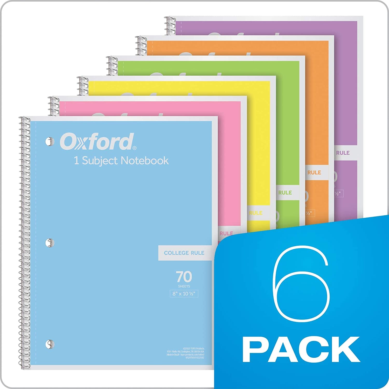 Spiral Notebook, 1 Subject, College Ruled Paper, 8 X 10-1/2 Inch, Pastel Pink, Orange, Yellow, Green, Blue and Purple, 70 Sheets (63756), Set of 6
