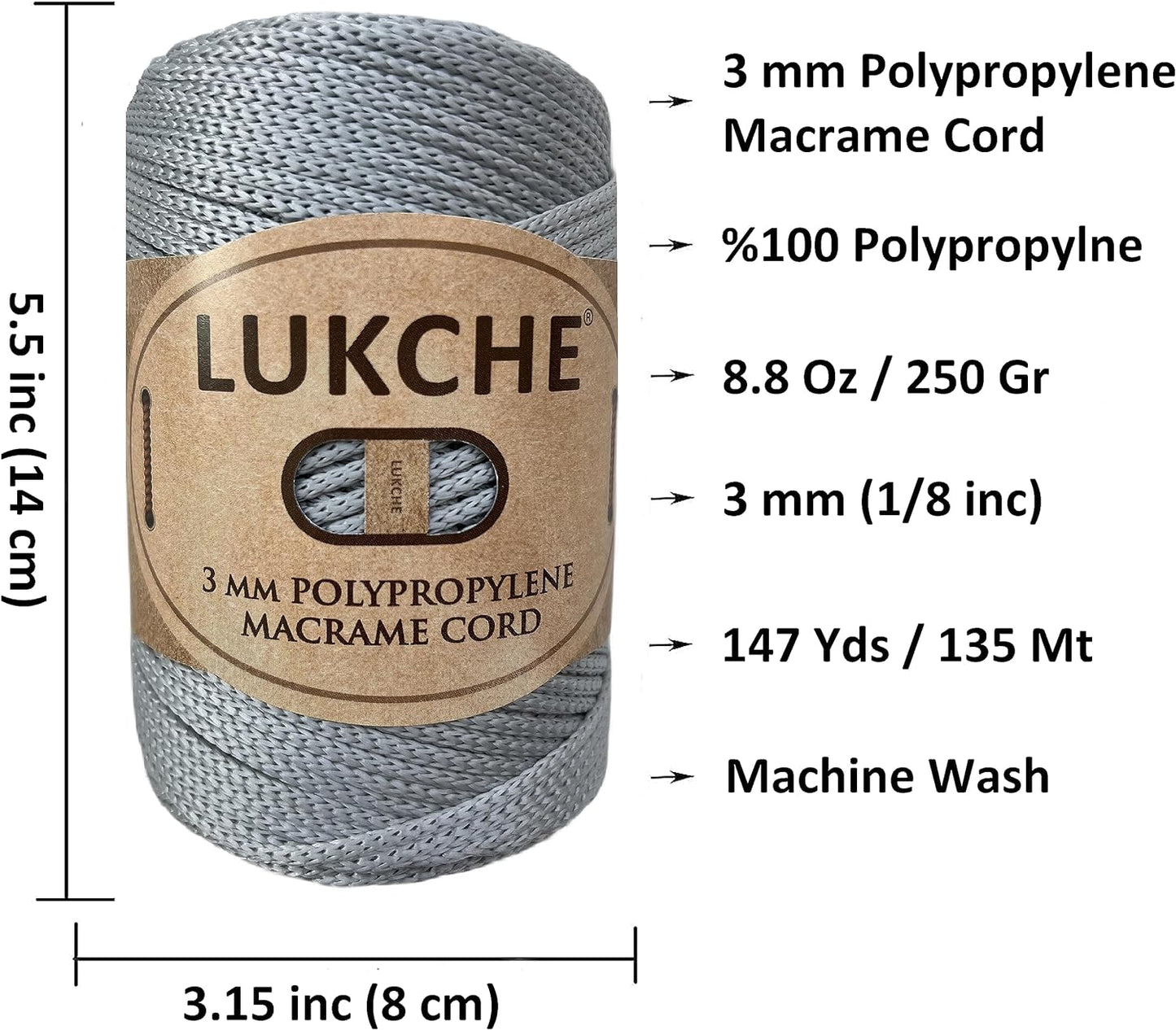 3Mm Premium Polyester Macrame Cord (147 Yards), (8.82 Oz) 100% Polypropylene Macrame Rope, Colorful Yarn Crochet Macrame Bag Craft for Wall Hangers, Bottom Plates, Carpets (Silver 1)