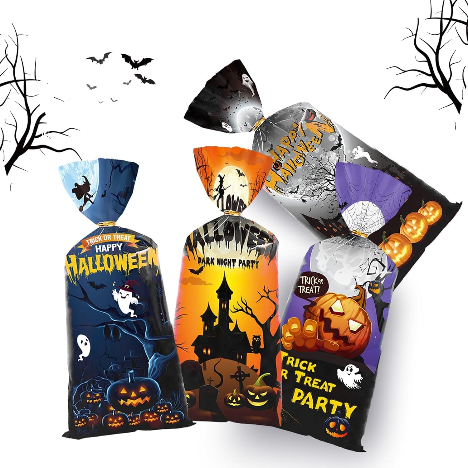 Halloween Treat Bags | 50 Pcs Cellophane Bags with Fun Scary Designs | Pumpkins, Witches Cello Bags | Halloween Party Decorations, Spooky Trick or Treat Bags