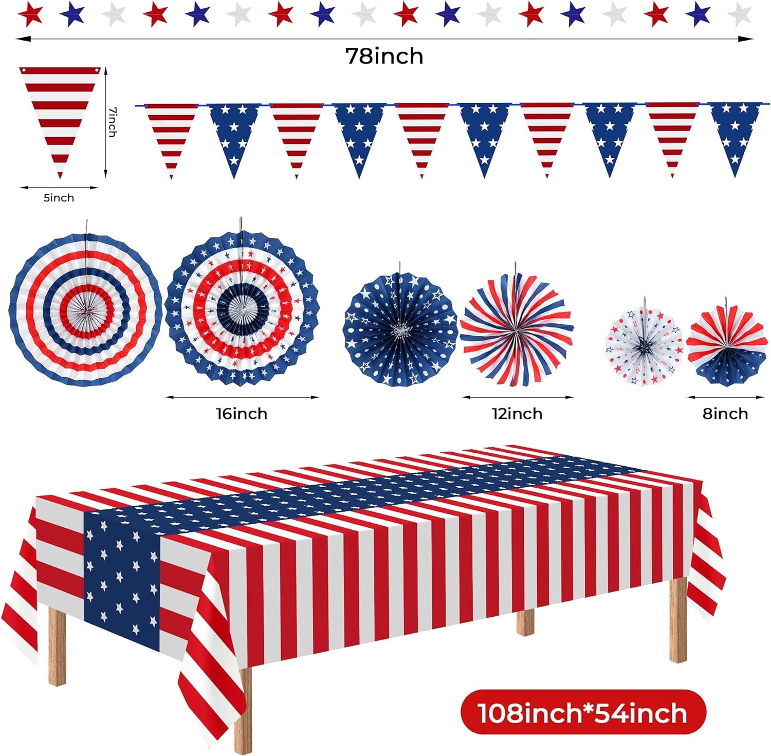 4Th of July Decorations Set, 9 Pcs Red White and Blue Paper Fans Patriotic Decor, USA Pennant Bunting,Star Streamers,Patriotic Tablecloth for Fourth of July Party Supplies, Memorial Day Decor