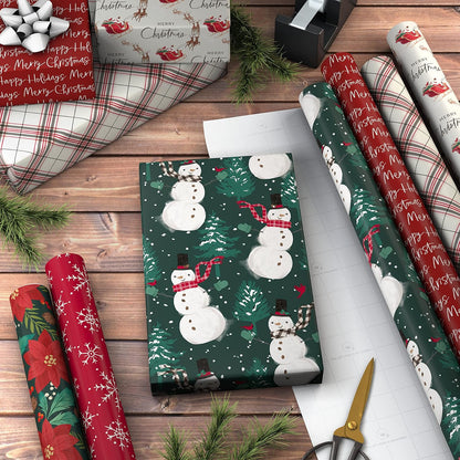 Rustic Recyclable Christmas Wrapping Paper (6 Rolls: 180 Sq. Ft. Total) Red, White and Hunter Green Plaid, Poinsettias, Snowflakes, "Merry Christmas," Snowman, Santa