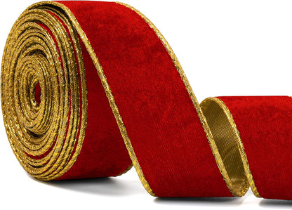 Red Wide Velvet Ribbon Wired for Christmas Tree, Garland, Wreath, 1.5 Inch 10 Yards