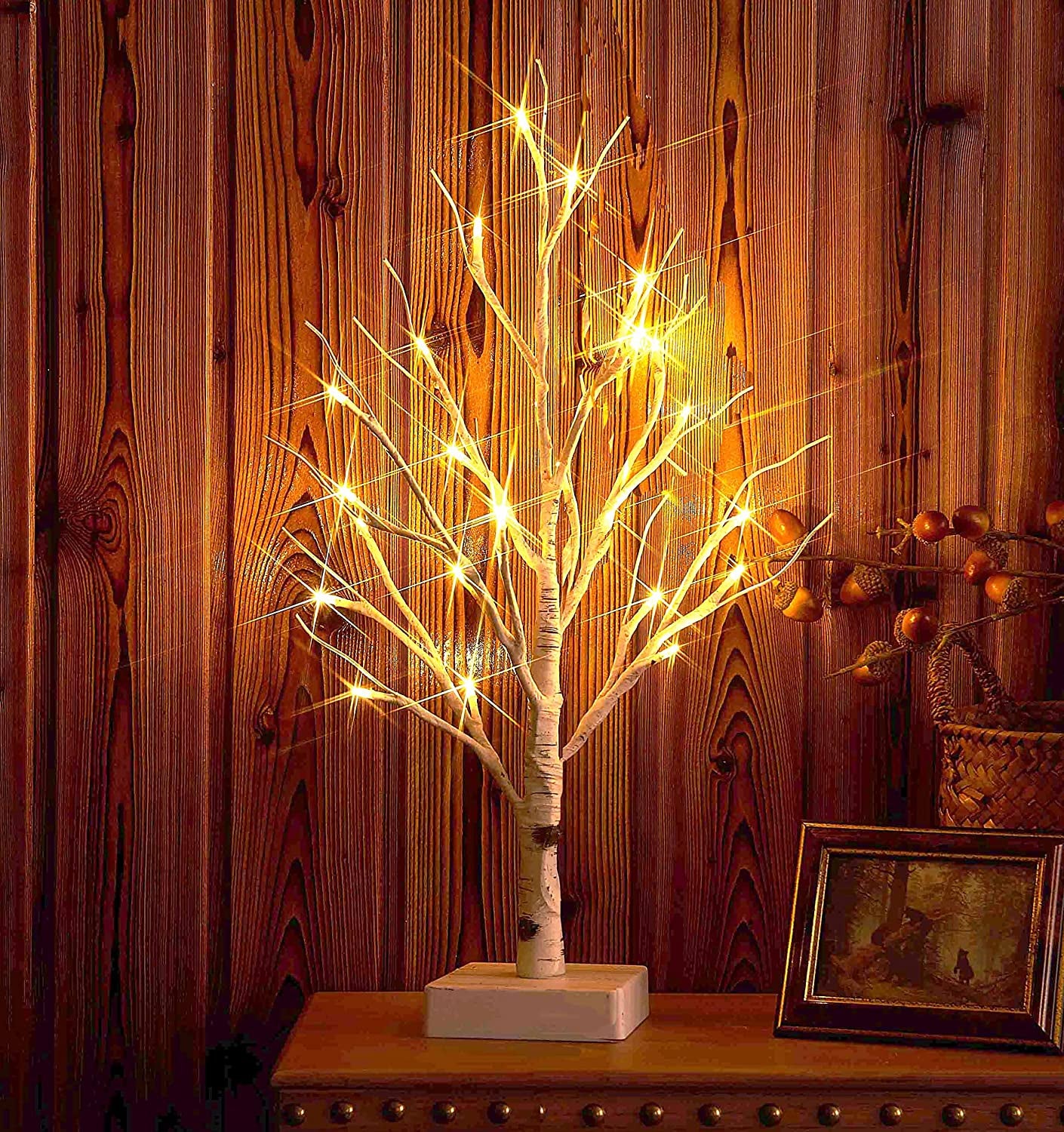 Lighted Birch Tree with Timer 24 LED 18IN Battery Operated Pre-Lit Tree for Home Wedding Party Decoration Tabletop Centerpiece Inside