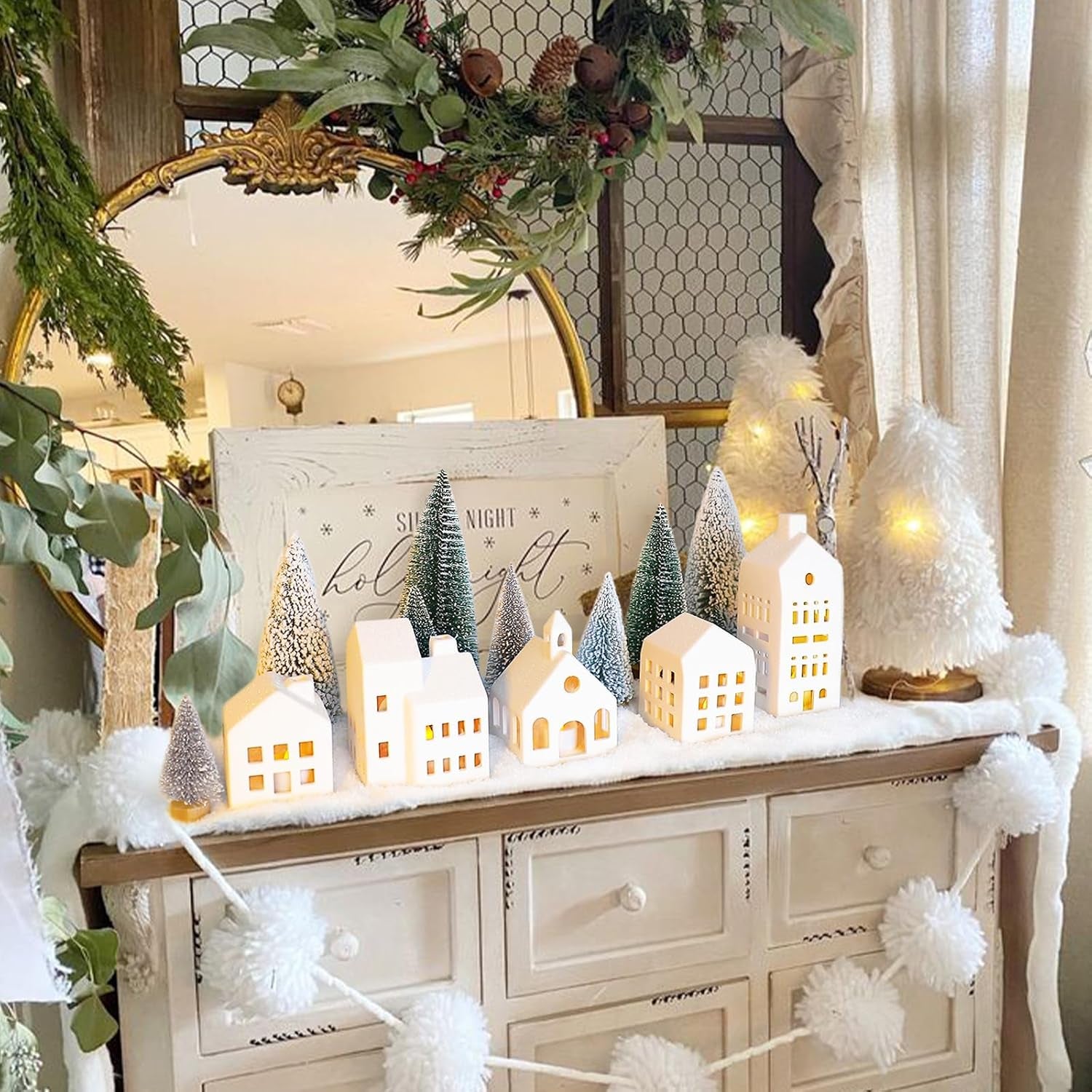 Christmas Decorations - Christmas Decorations Indoor - Christmas Village Sets of 5 Lighted Ceramic Houses with Remote Control & 9 Trees - White Xmas Holiday Farmhouse Rustic Decor for Home Table Room