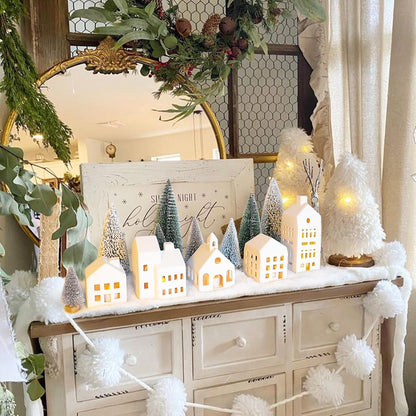 Christmas Decorations - Christmas Decorations Indoor - Christmas Village Sets of 5 Lighted Ceramic Houses with Remote Control & 9 Trees - White Xmas Holiday Farmhouse Rustic Decor for Home Table Room