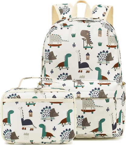 Kids School Backpack with Lunch Box for Boy Kindergarten Bookbag School Bag Preschool Kindergarten Toddler Backpack (Dinosaur Beige)