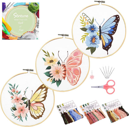 3 Sets Embroidery Kit for Beginners Needlepoint Cross Stitch Kits for Adults,Stitch Learning DIY Kit with Easy Instruction Video,Stamped Floral Embroidery Patterns,Hoop,Threads,Sewing Hobby