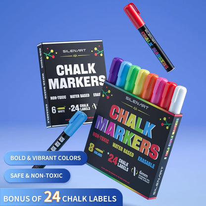 Chalk Markers Bulk - 24 Pack Chalk Pens - Neon, Metallic, and White Chalkboard Markers - Liquid Chalk Markers for Blackboard, Chalkboard, Windows and Glass, Bullet & Chisel Tip