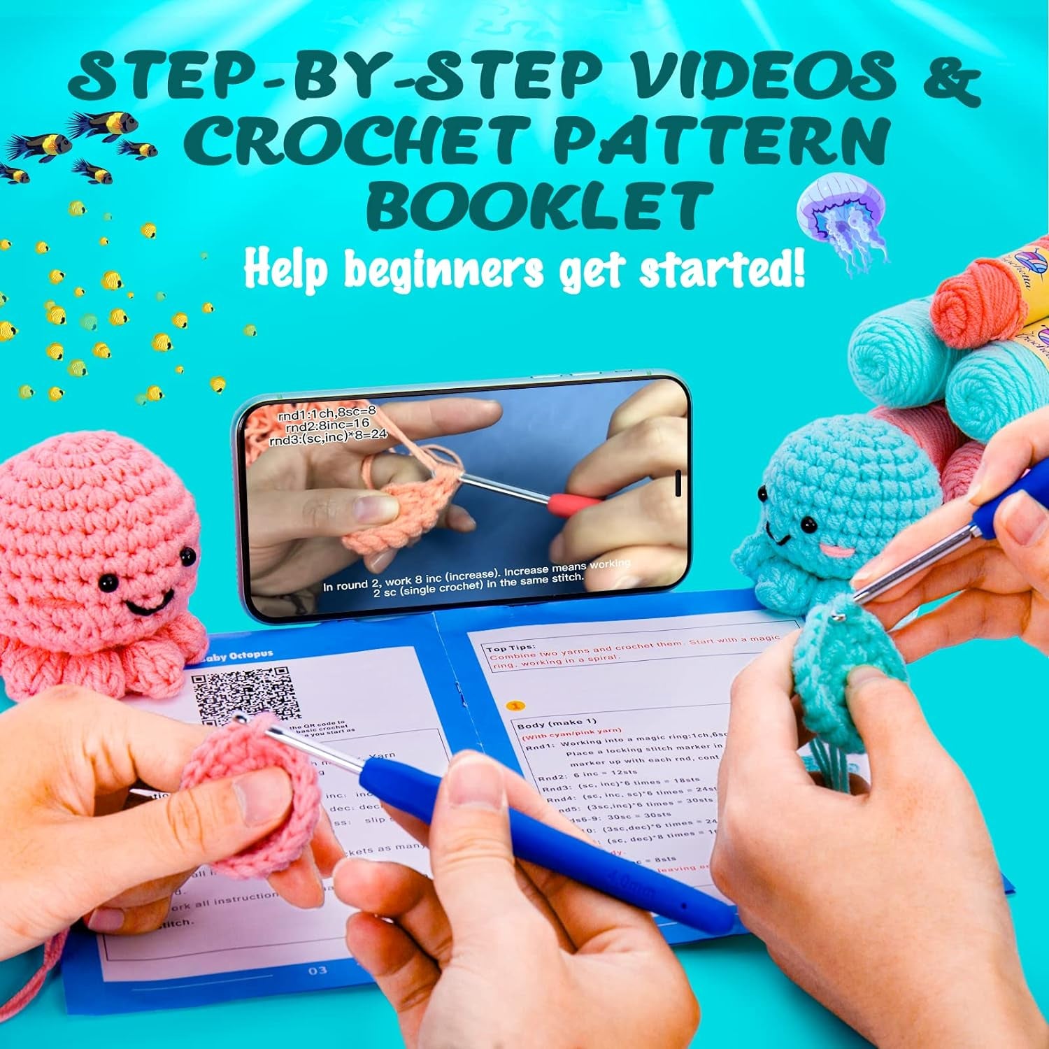 Crochet Kit for Beginners, Amigurumi Crocheting Animals Kits W Step-By-Step Video Tutorials, Knitting Starter Pack for Adults and Kids, Jumbo 2 Octopus Familly (40%+ Yarn Content)