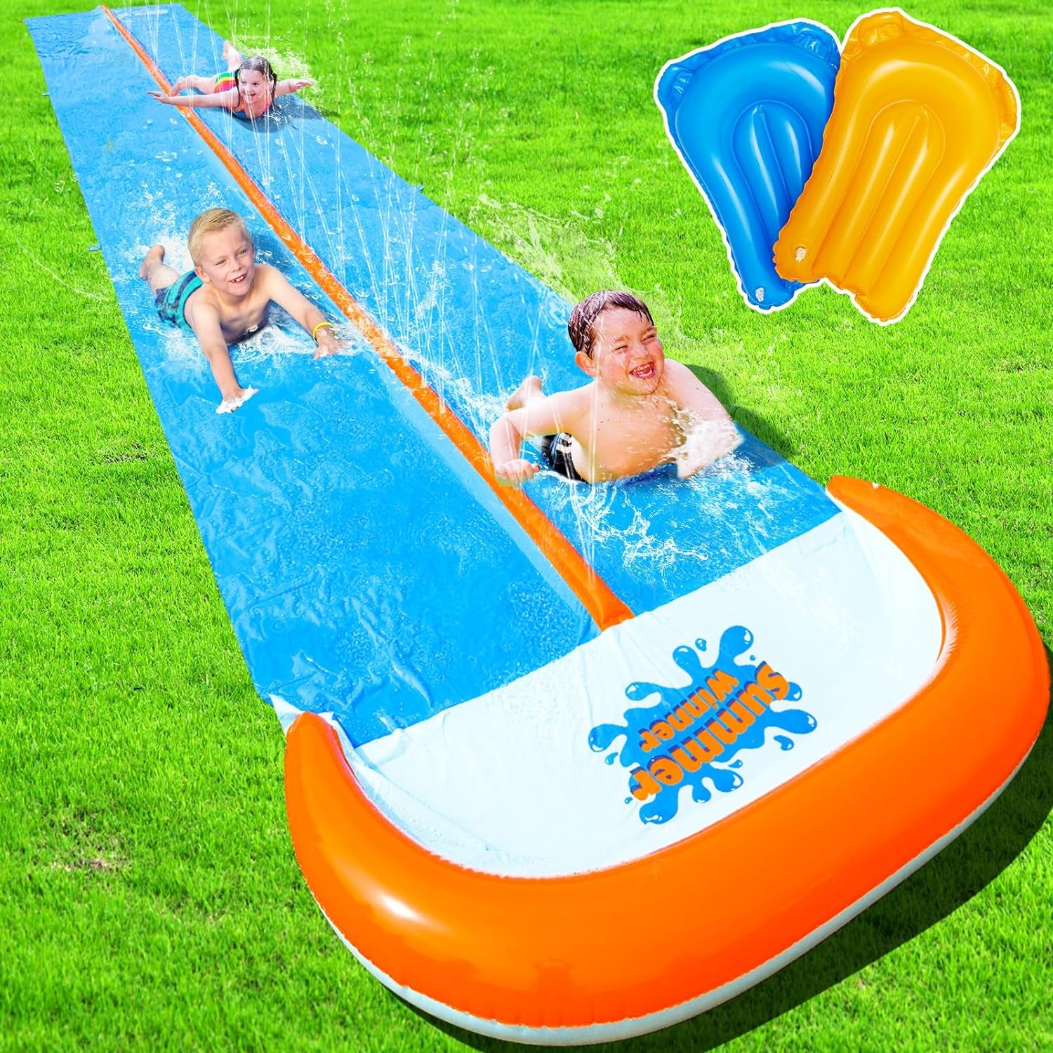 30FT Slip Lawn Water Slide, Extra Long Slip Splash and Slide for Kids and Adults Backyard, with 2 Sliding Lanes and 2 Inflatable Bodyboards with Central-Pipe Sprinkler, Outdoor Summer Water Toy…