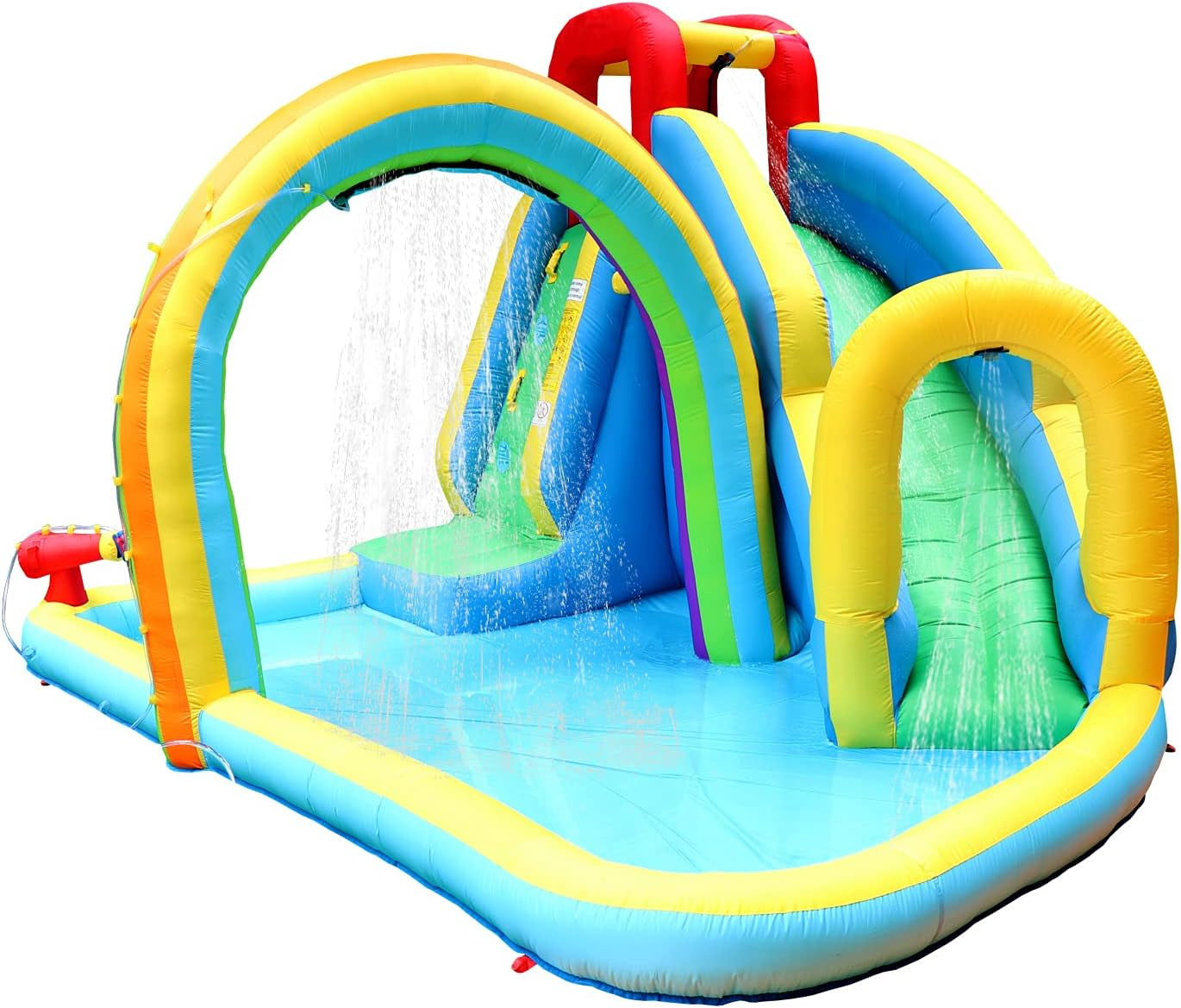 Inflatable Water Slide Park with Air Blower, Kids Inflatable Bouncer House Slide, Climbing Wall, Splash Pool and Rainbow Sprinkler