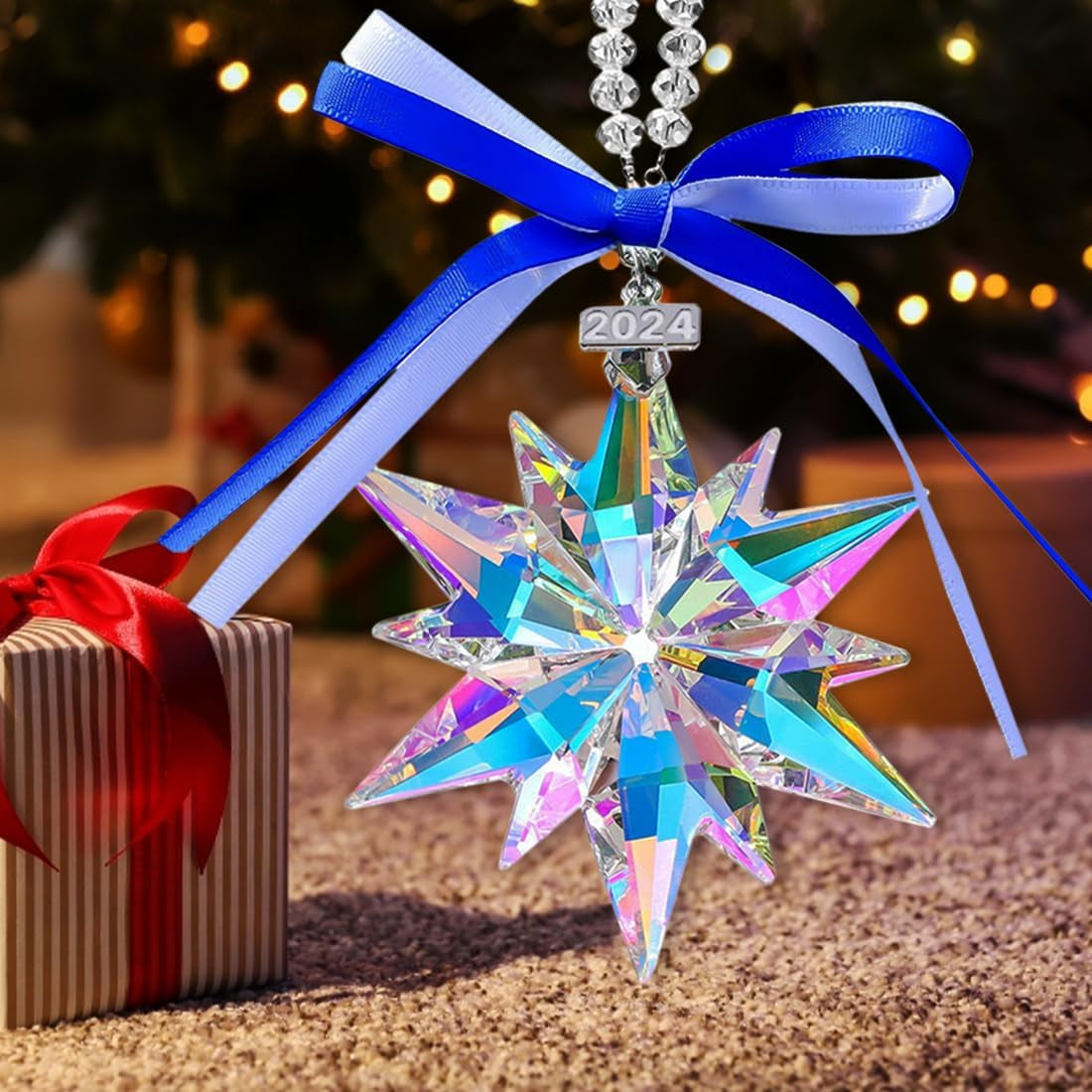 2024 Annual Christmas Ornaments Crystal Snowflake Star, Sparkly Crystal Ornaments for Christmas Tree, Beautiful Christmas Ornaments for Women Girls