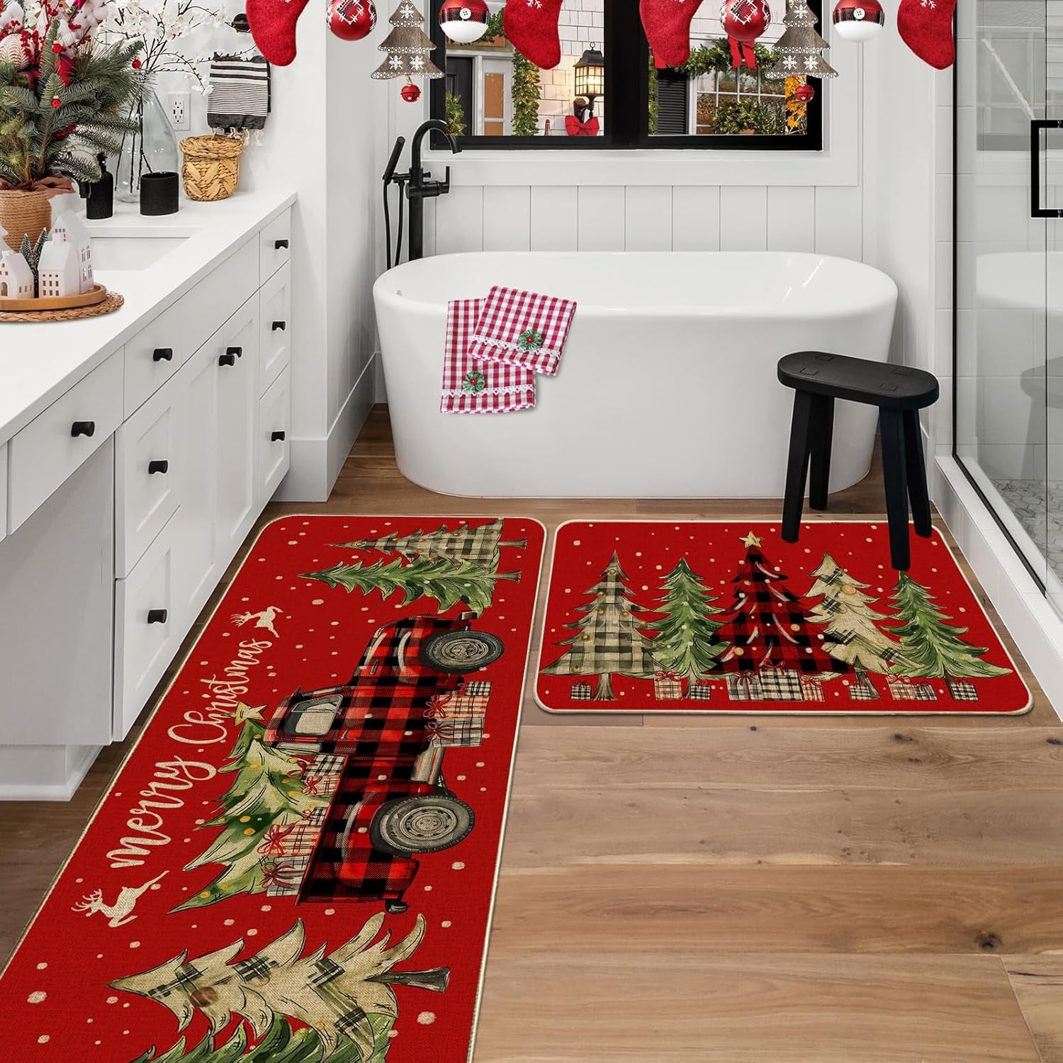 Christmas Kitchen Mats for Floor - Farmhouse Truck Buffalo Plaid Christmas Kitchen Decor - Red Christmas Kitchen Rugs Set of 2, Christmas Decorations for Home, Indoor 17"X27+17"X47"