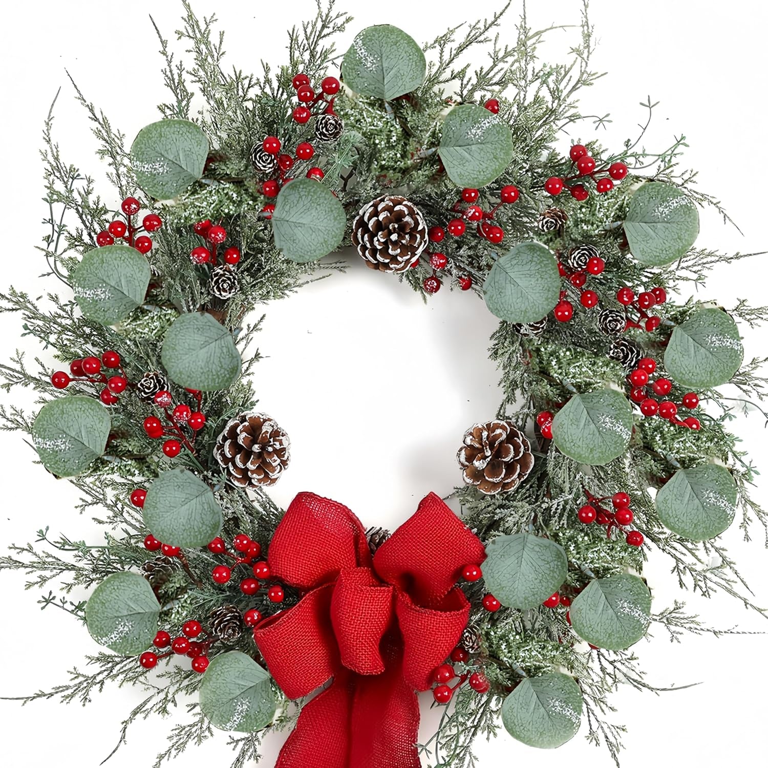 20 Inch Artificial Christmas Wreath Christmas Wreaths for Front Door with Pine Needles Pine Cones Red Berries Eucalyptus Leaves Red Bow for Home Office Wall Window Fireplace Winter Holidays