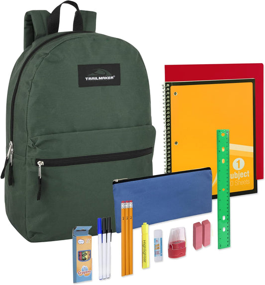 Pre-Filled 17" Backpack & School Supply Kit - 20 Piece Back to School Supplies with Backpack (Green Pack)