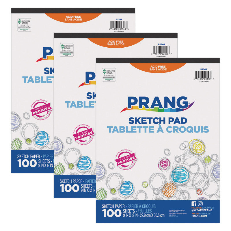 Sketch Pad, 9" x 12", 100 Sheets, Pack of 3