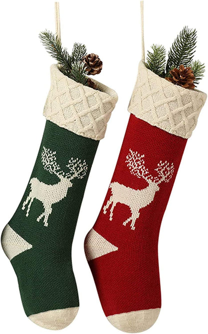 Christmas Stockings,Big Size 2Pack 18-Inch Extra Long Hand-Knitted Red/Green Reindeer Snowflakes Xmas Character for Family Holiday Season Decor