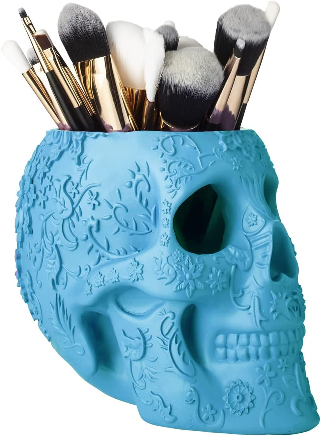 Skull Makeup Brush, Candy Bowl & Pen Holder, Trick or Treat Bowl, Halloween Goth Decorations, Extra Large, Strong Resin, Skeleton Skulls and Bones Organizer Bathroom Decor (Blue)