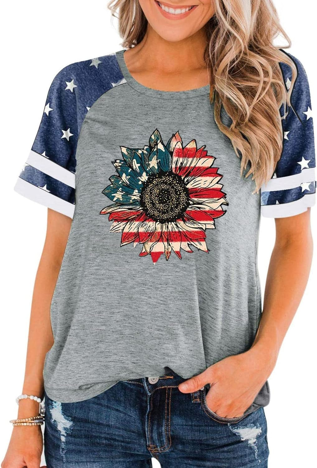 American Flag T Shirt Patriotic Shirts Women Veteran Shirt Raglan Short Sleeve Stars Stripes Top Tees