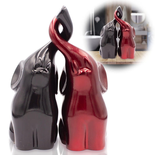 Black and Red Trunk Up Elephant Pair Statues   PolyStone Decor Figurines   Un