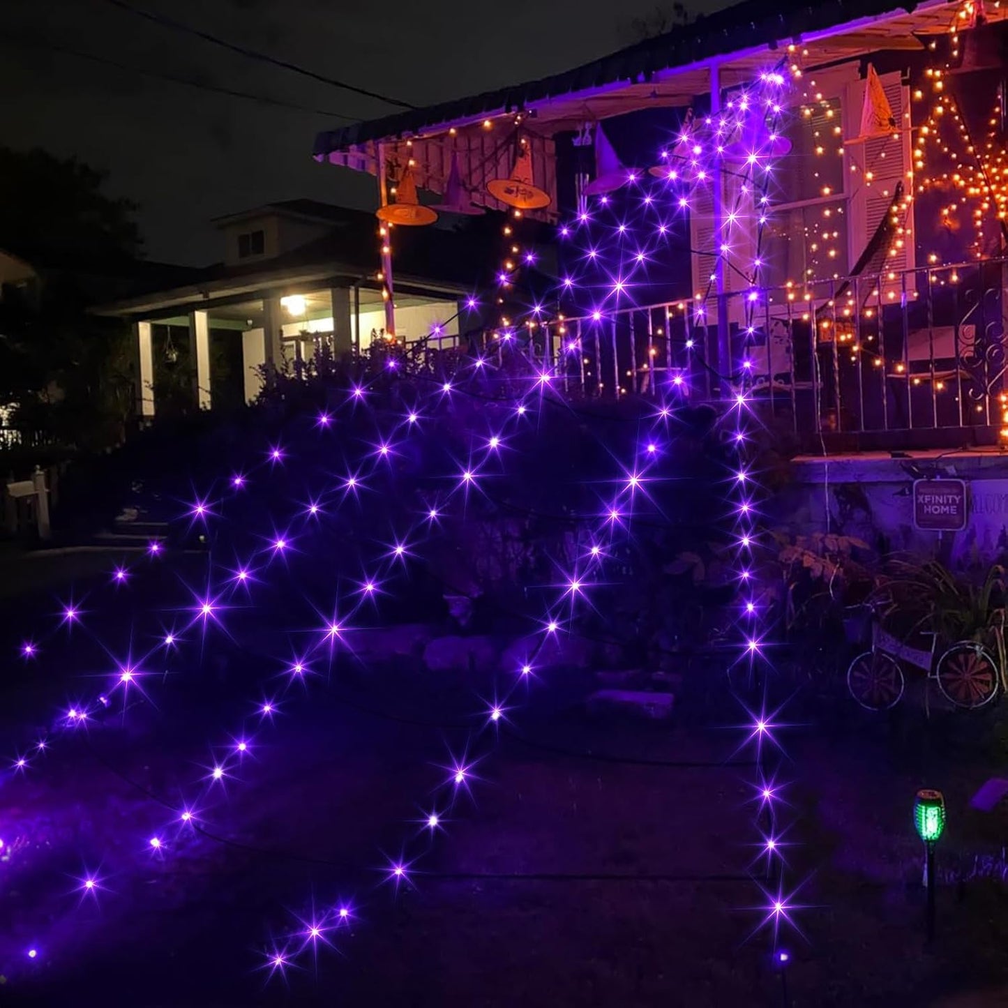 Halloween Decorations Outdoor Giant Spider Web Lights with 135 LED Purple & Orange Lights, outside Huge Lighted Black Spider Web Halloween Outdoor Light for Yard Party Haunted House Decor