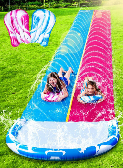 22.5Ft Double Water Slide, Heavy Duty Lawn Water Slide with Sprinkler and 2 Slip Inflatable Boards for Summer Yard Lawn Outdoor Water Play Activities,Light Blue