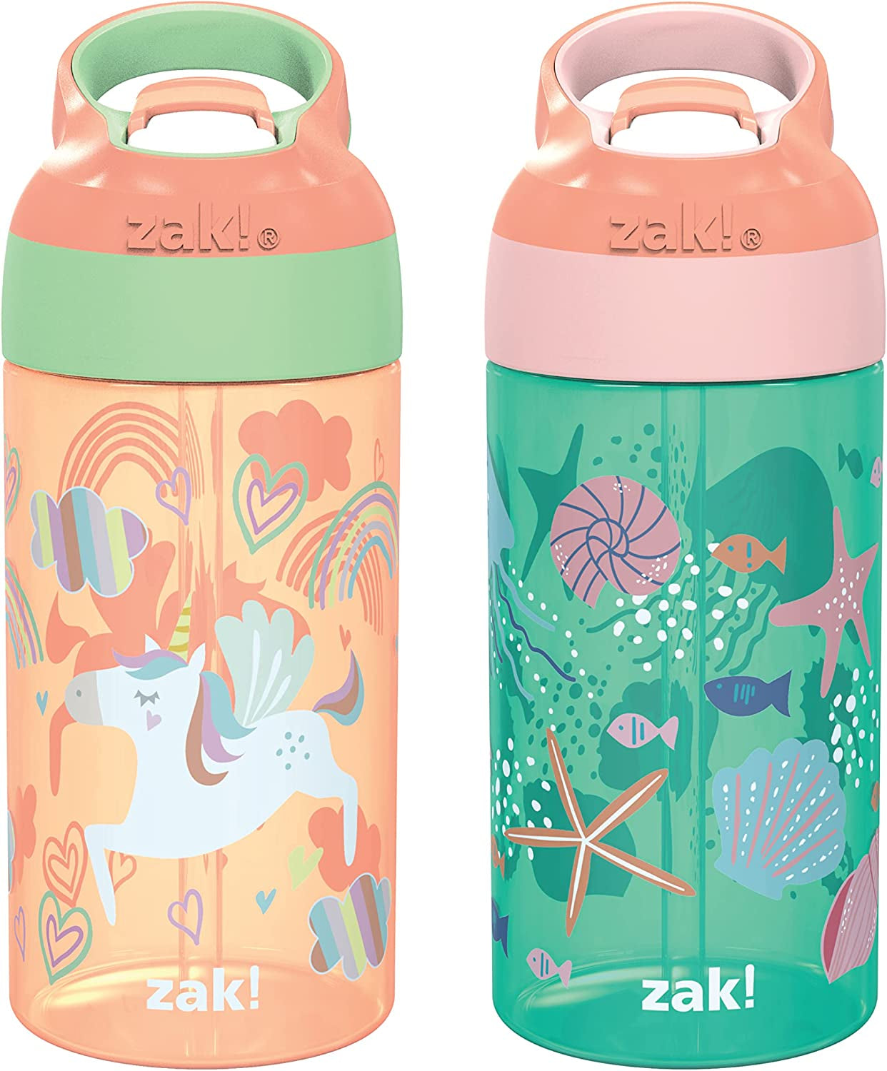 16Oz Riverside Beach Life Kids Water Bottle with Straw and Built in Carrying Loop Made of Durable Plastic, Leak-Proof Design for Travel, 2PK Set