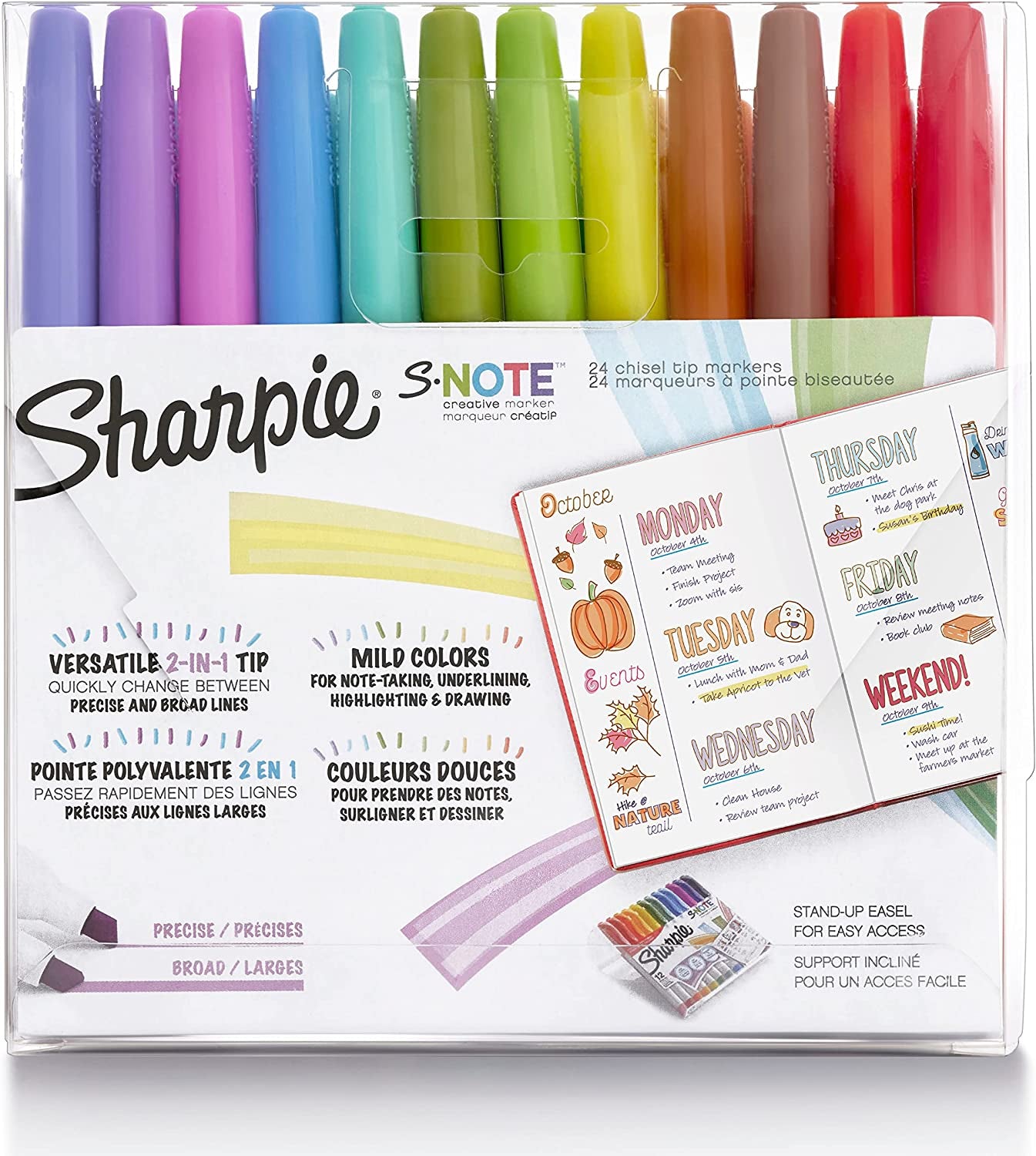 S-Note Creative Markers, Pastel Highlighters, Art Marker Set, Assorted Colors, Chisel Tip, 24 Count