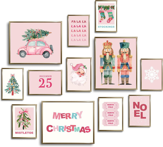 Pink Christmas Wall Art, Pastel Holiday Xmas Aesthetic Poster for Room Decor, Vintage Santa Pine Tree Merry Gallery Artwork Prints. (Multi Sizes, 8" X 10" Largest, Set of 12, UNFRAMED)