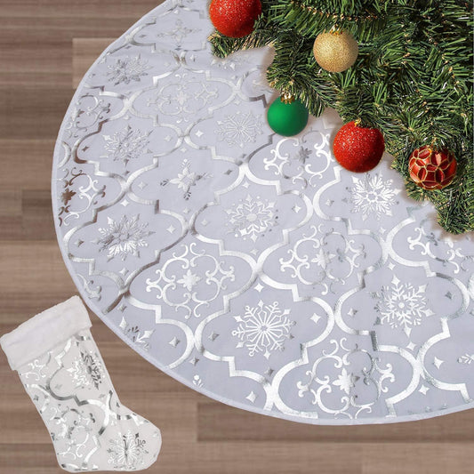 36 Inch Large Christmas Tree Skirt Xmas Soft Cover Mat Decor Snowflake Collar Farmhouse Tree Skirt for Holiday Ornaments Party Home Indoor Decorations (White, 36INCH)