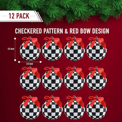 Black and White Ornaments - Glittered Black and White Checkered Ball Checked Ornament with Red Bow, Glitter, and String Christmas Tree Xmas Decoration Set - 3.5" Pack of 12